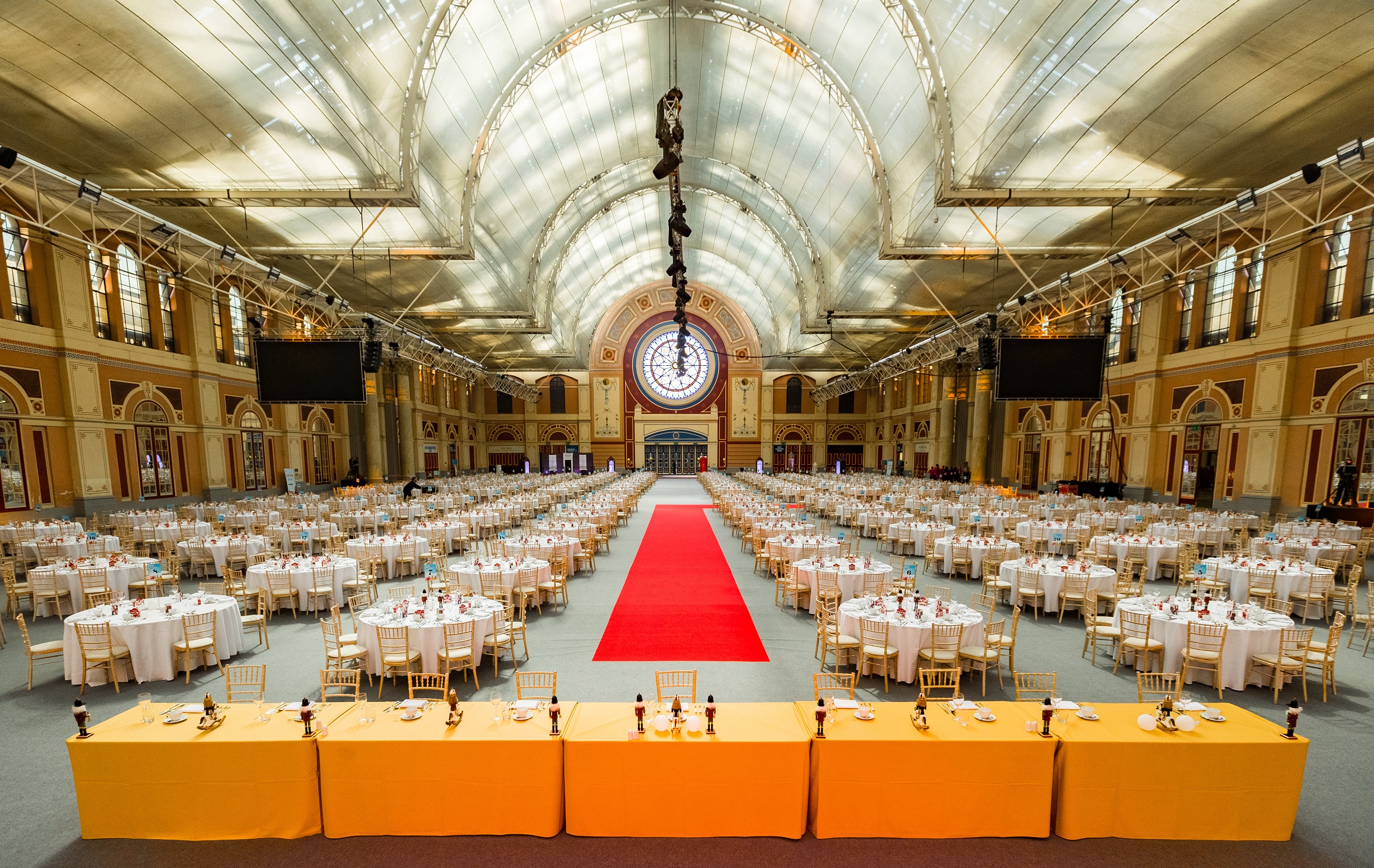 Great Hall at Alexandra Palace, elegant banquet setup for corporate events. - Banner