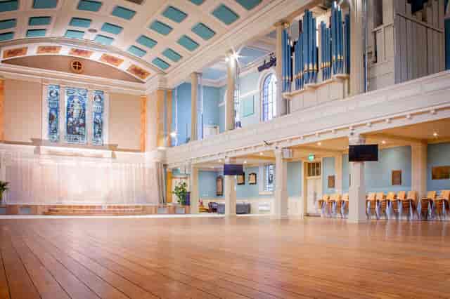 Great Hall in St Mary's Marylebone, elegant venue with high ceilings for weddings and events.
