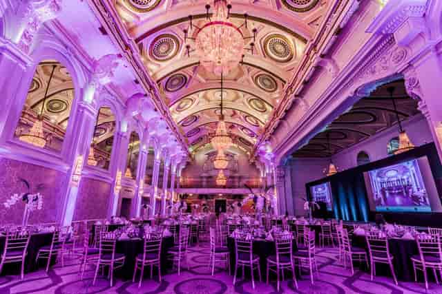 Grand Connaught Rooms ballroom with chandeliers for corporate gala and awards dinner events.
