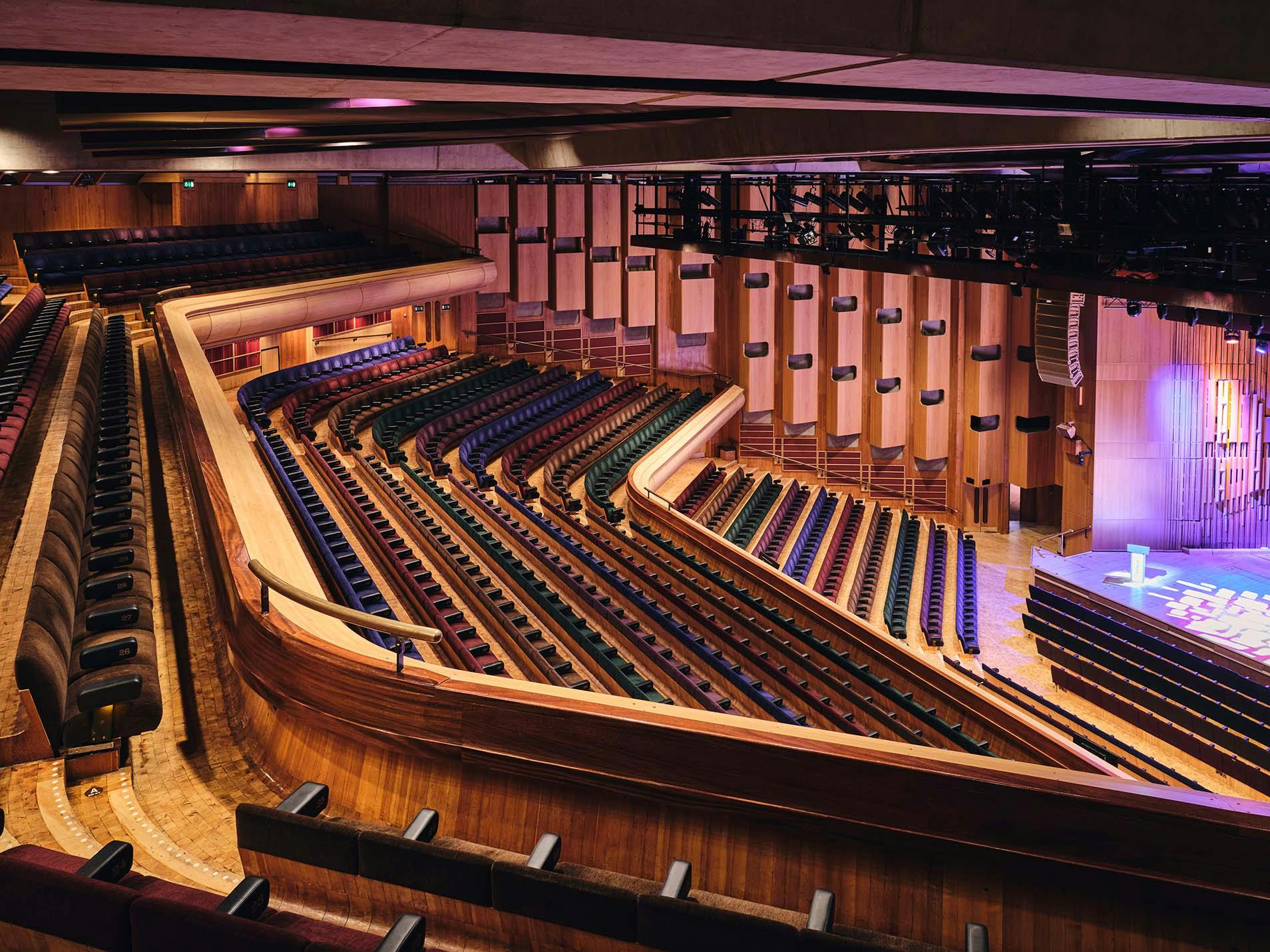 Barbican Hall auditorium with tiered seating, ideal for concerts and conferences.