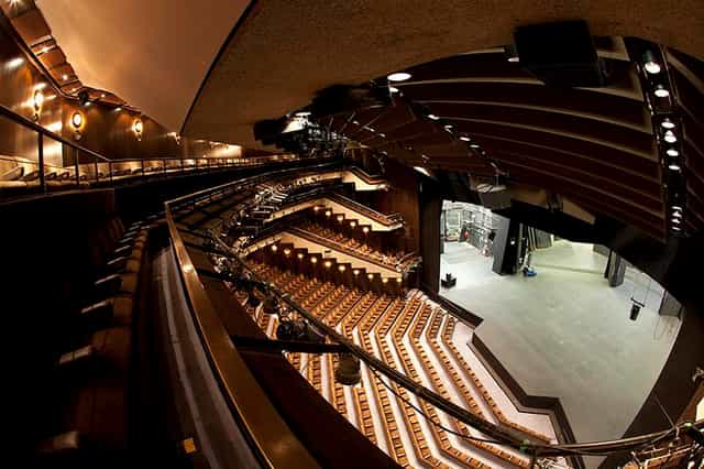 Barbican Theatre auditorium with tiered seating, ideal for conferences and performances.