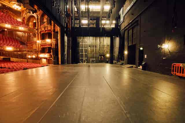 Backstage view of London Palladium auditorium, highlighting stage for events and performances.