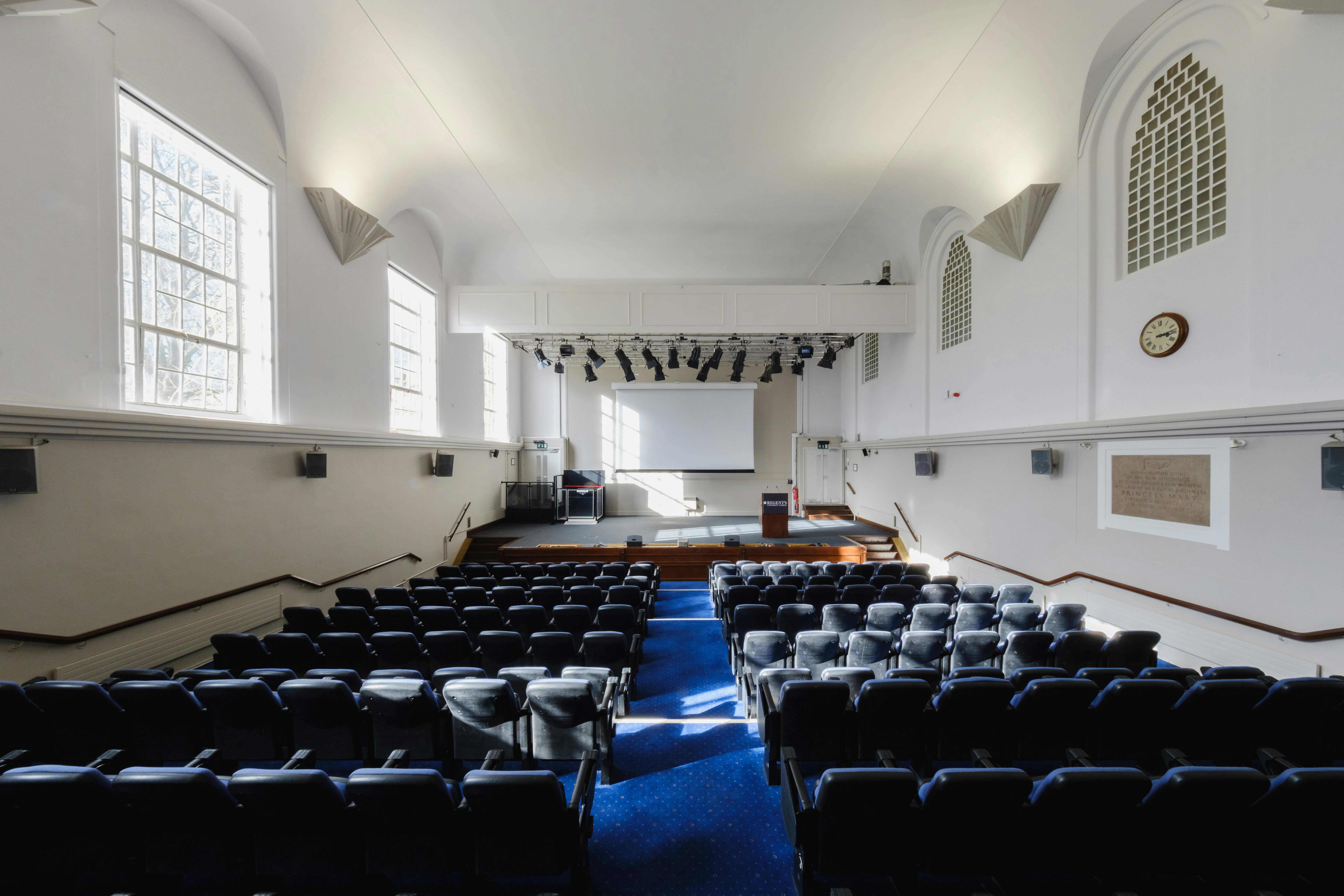 Tuke Hall auditorium with tiered seating for conferences and presentations.