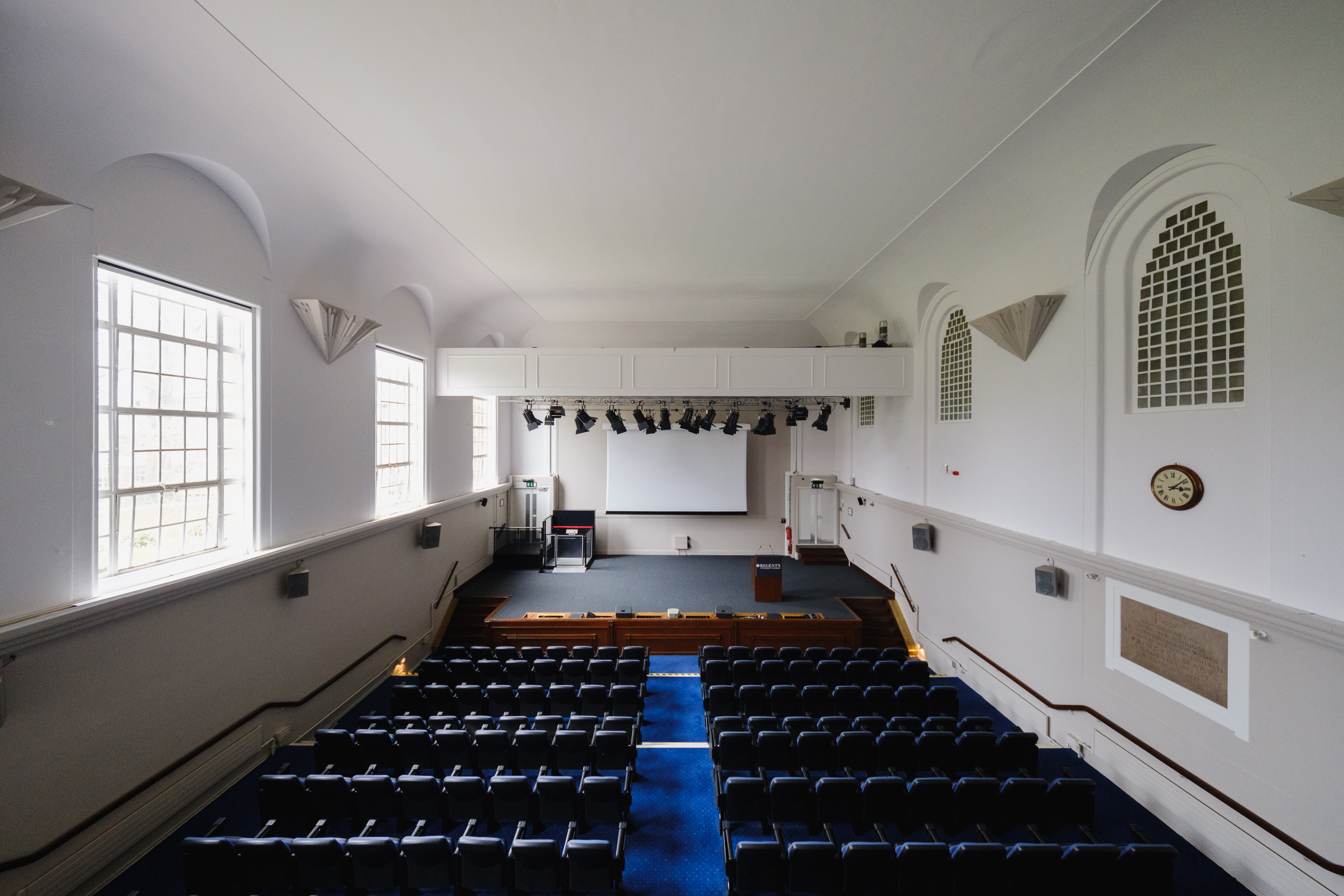 Tuke Hall auditorium with tiered seating, ideal for conferences and events.