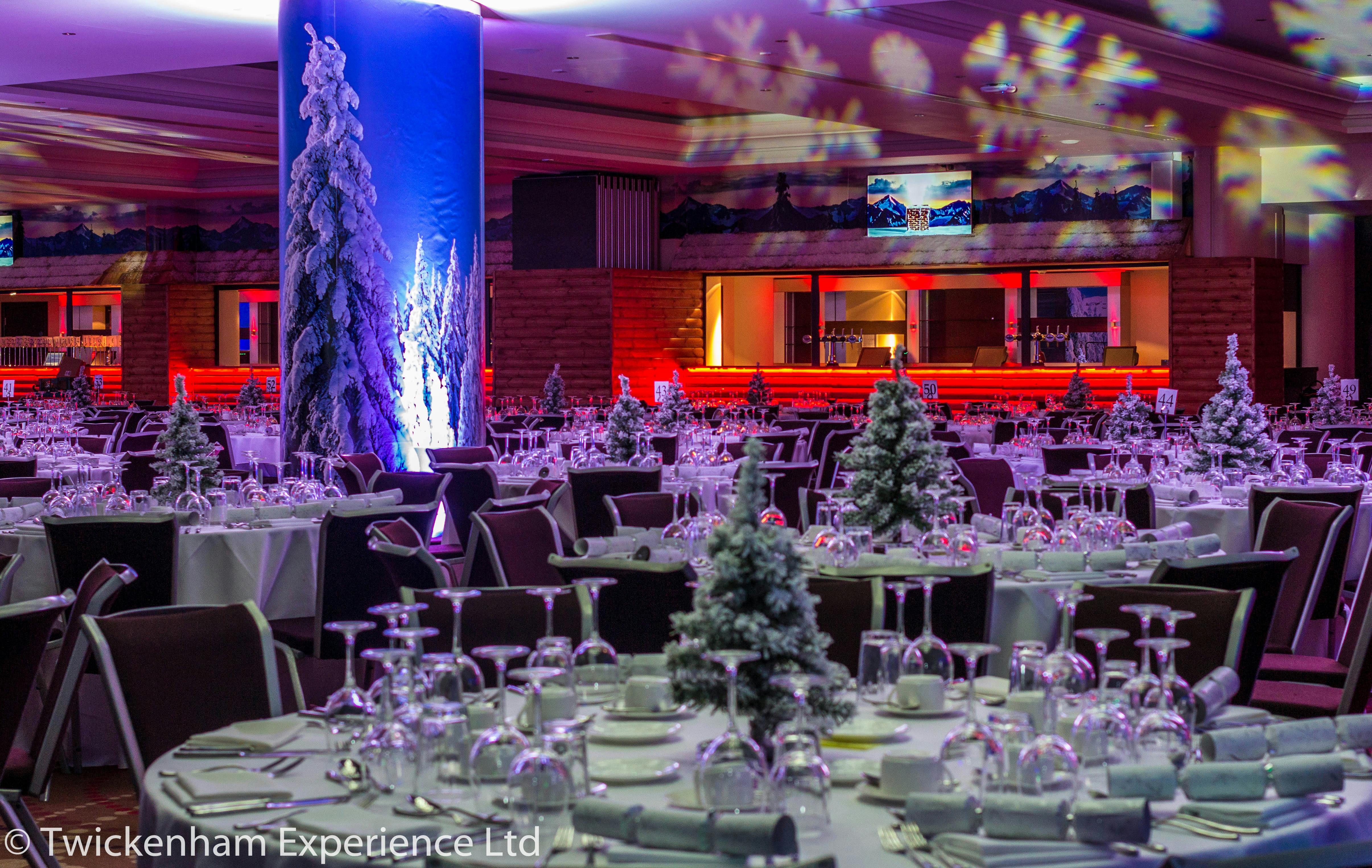 Elegant banquet hall in Rose Suite, Allianz Stadium for winter-themed events and holiday parties.