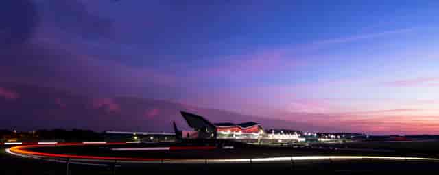 Twilight view of Silverstone Auditorium, ideal for corporate events and motorsport gatherings.