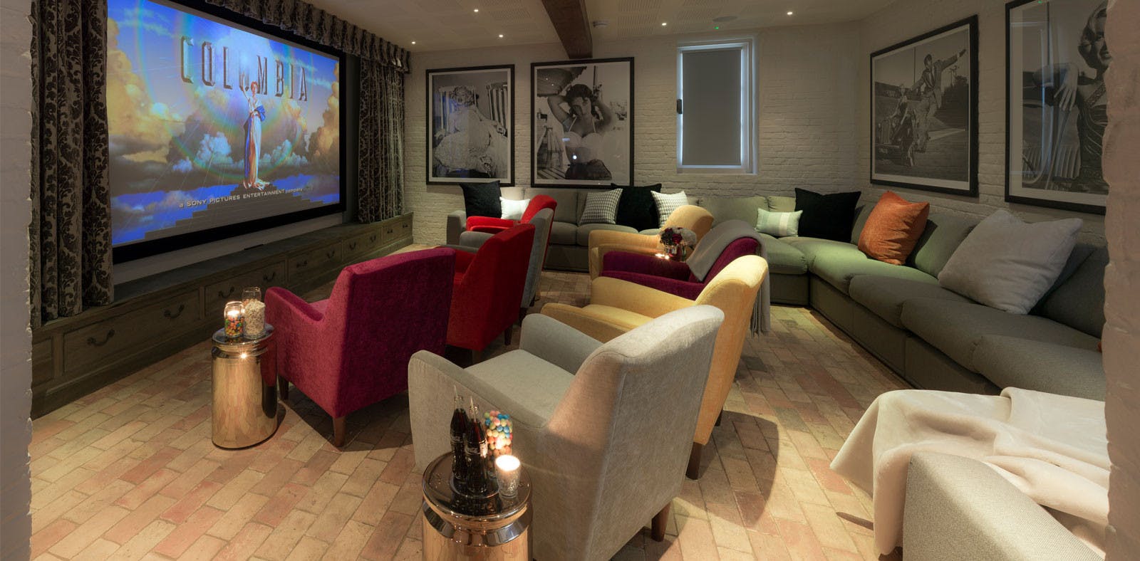 Cozy screening room in Exclusive Use Manor House for private events and gatherings.