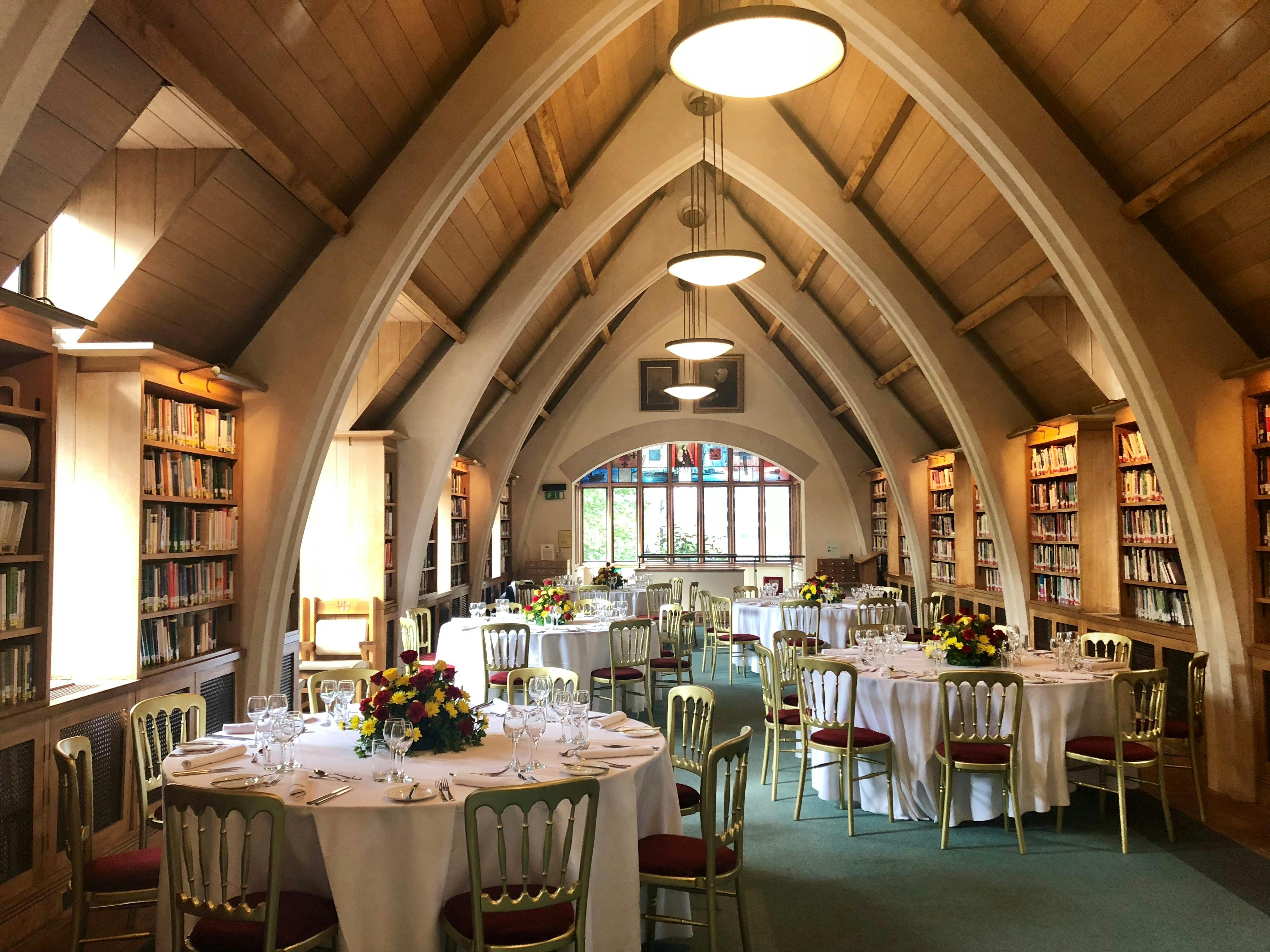 Elegant dining setup in Southwark Cathedral Library for weddings and corporate events.