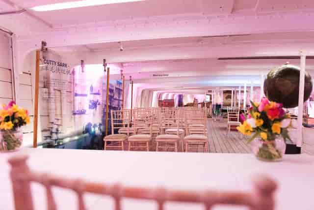 Elegant Tween Deck event space on Cutty Sark, perfect for ceremonies and presentations.