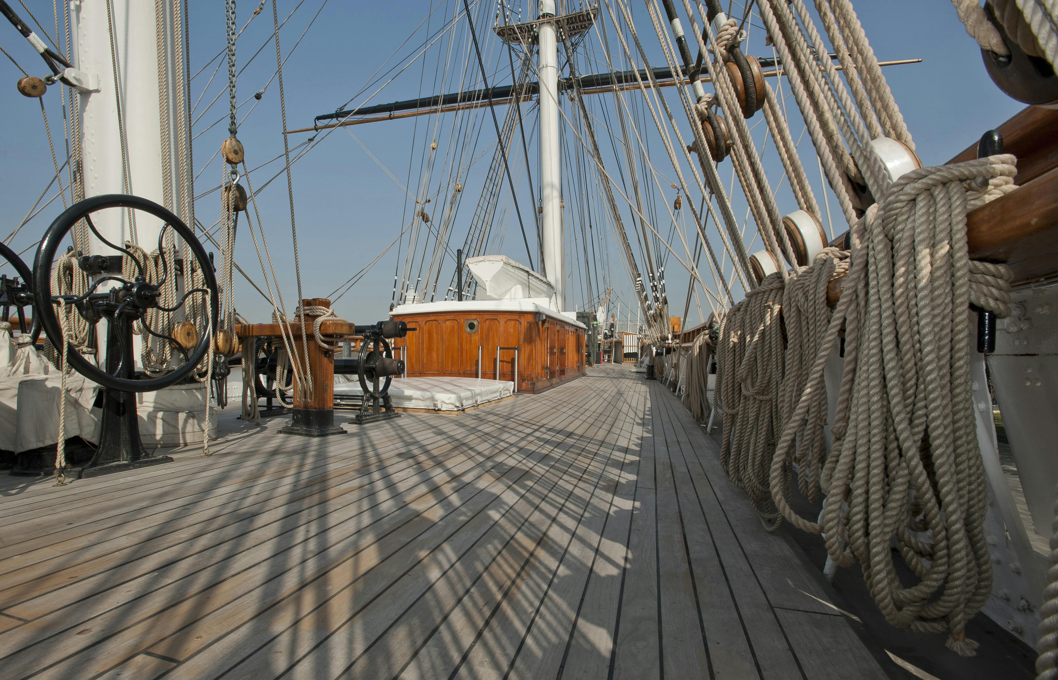 The Weather Deck on Cutty Sark, featuring polished wood, ideal for outdoor events.