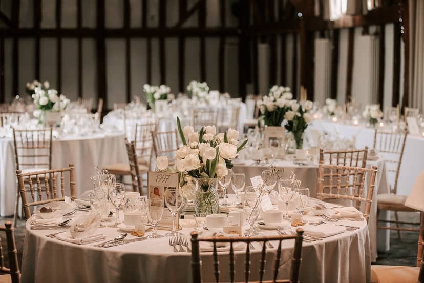 Elegant banquet hall at Manor Barn, Knebworth House, ideal for weddings and formal events.
