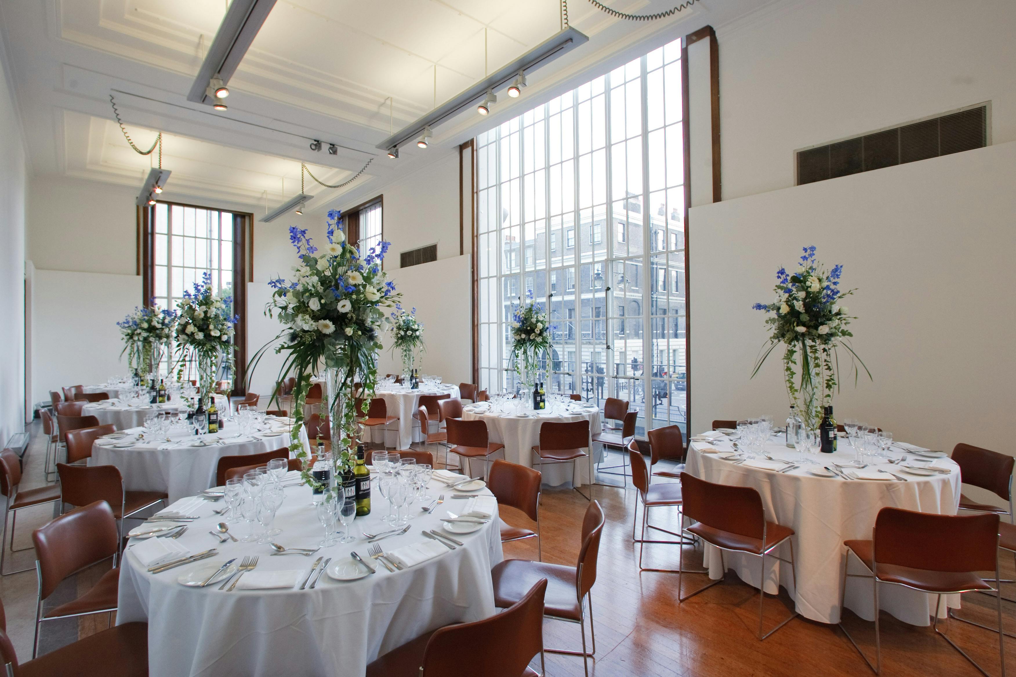 RIBA Gallery event space with elegant tables, ideal for formal dinners and networking.