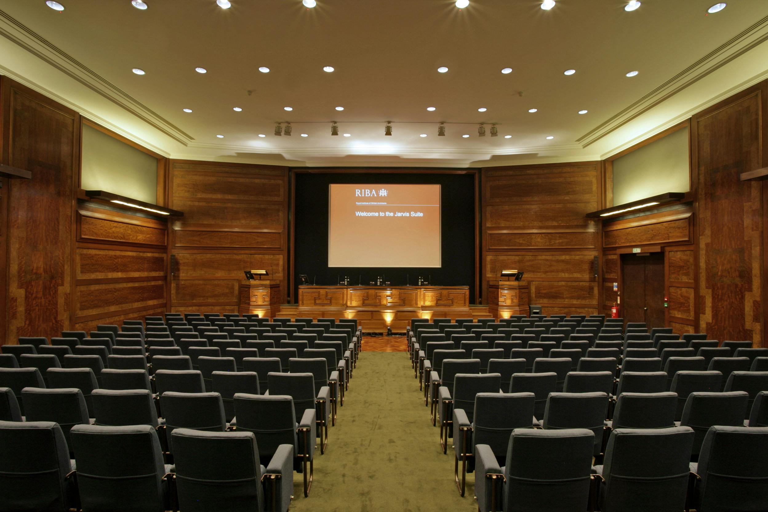 Jarvis Auditorium with tiered seating, ideal for conferences and corporate events.