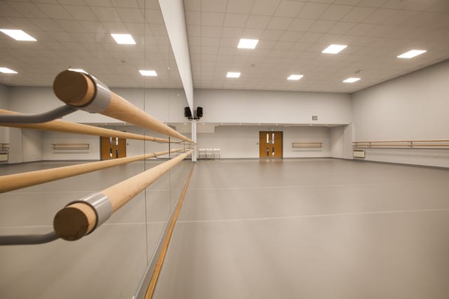Spacious dance studio with mirrored wall and ballet barre for workshops and events.