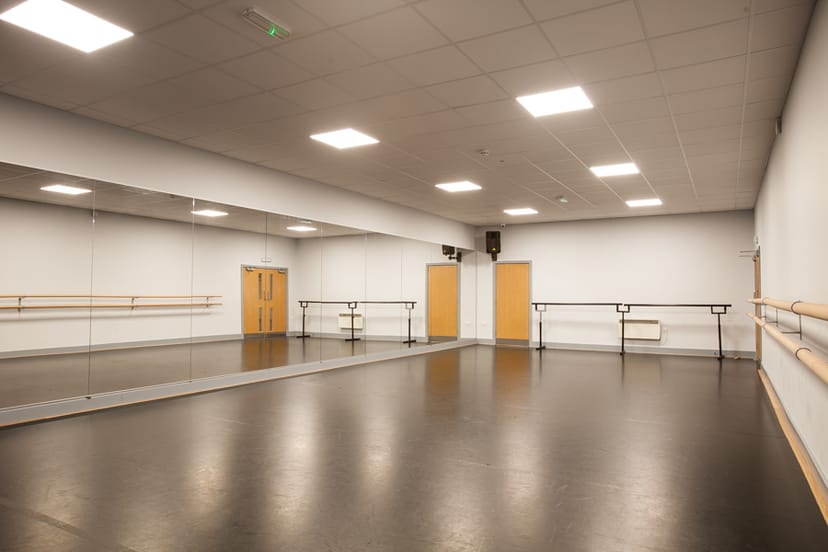 Spacious dance studio with mirrors and ballet bars for workshops and team-building events.