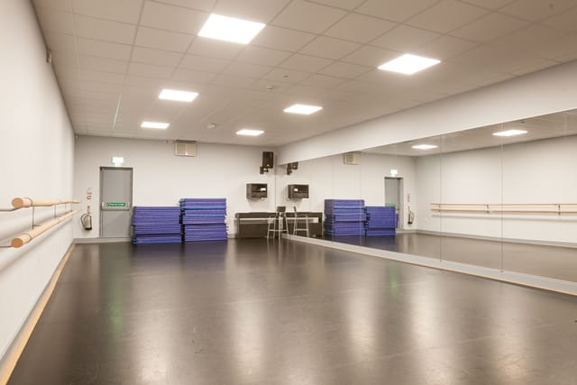 Versatile dance studio with mirrored wall, perfect for workshops and group sessions.