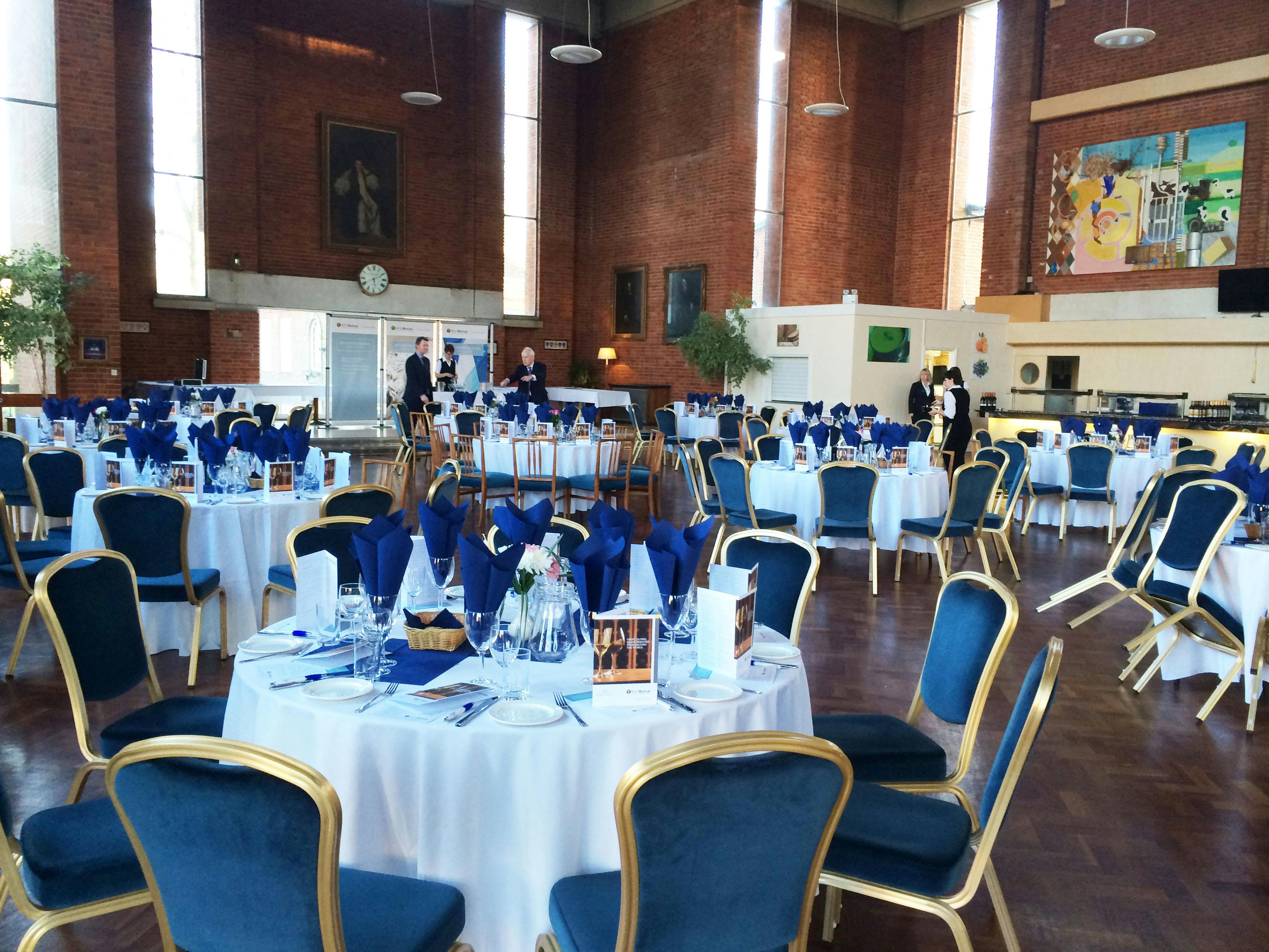 Norwood Hall event space with elegant tables, ideal for formal gatherings and celebrations.