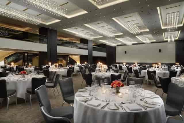 Bankside Ballroom at Hilton London, elegant dinner setup for corporate events and weddings.