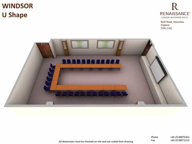 Windsor Suite U-shaped meeting room at Renaissance London Heathrow Hotel for effective presentations.