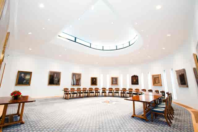 Court Room at Haberdashers' Hall, elegant circular layout for formal meetings and events.