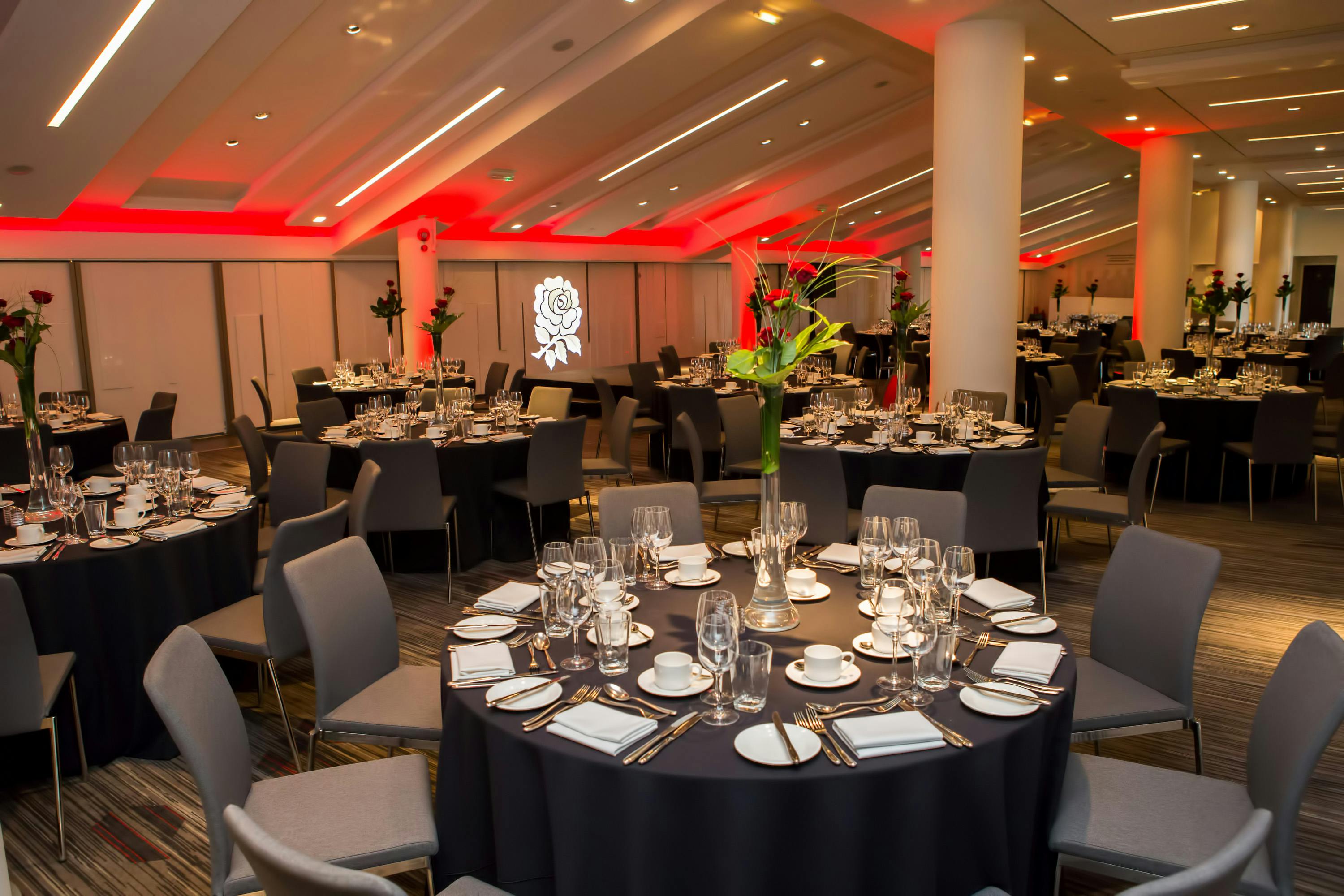 Elegant dinner setup at Spirit of Rugby, Allianz Stadium, perfect for corporate events.