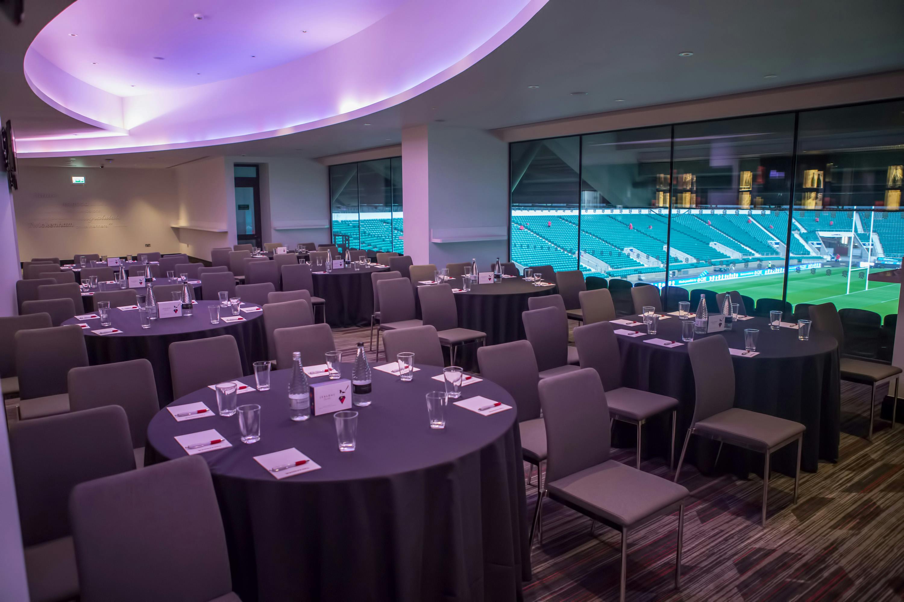 Members' Lounge at Allianz Stadium, Twickenham, set for a corporate banquet event.