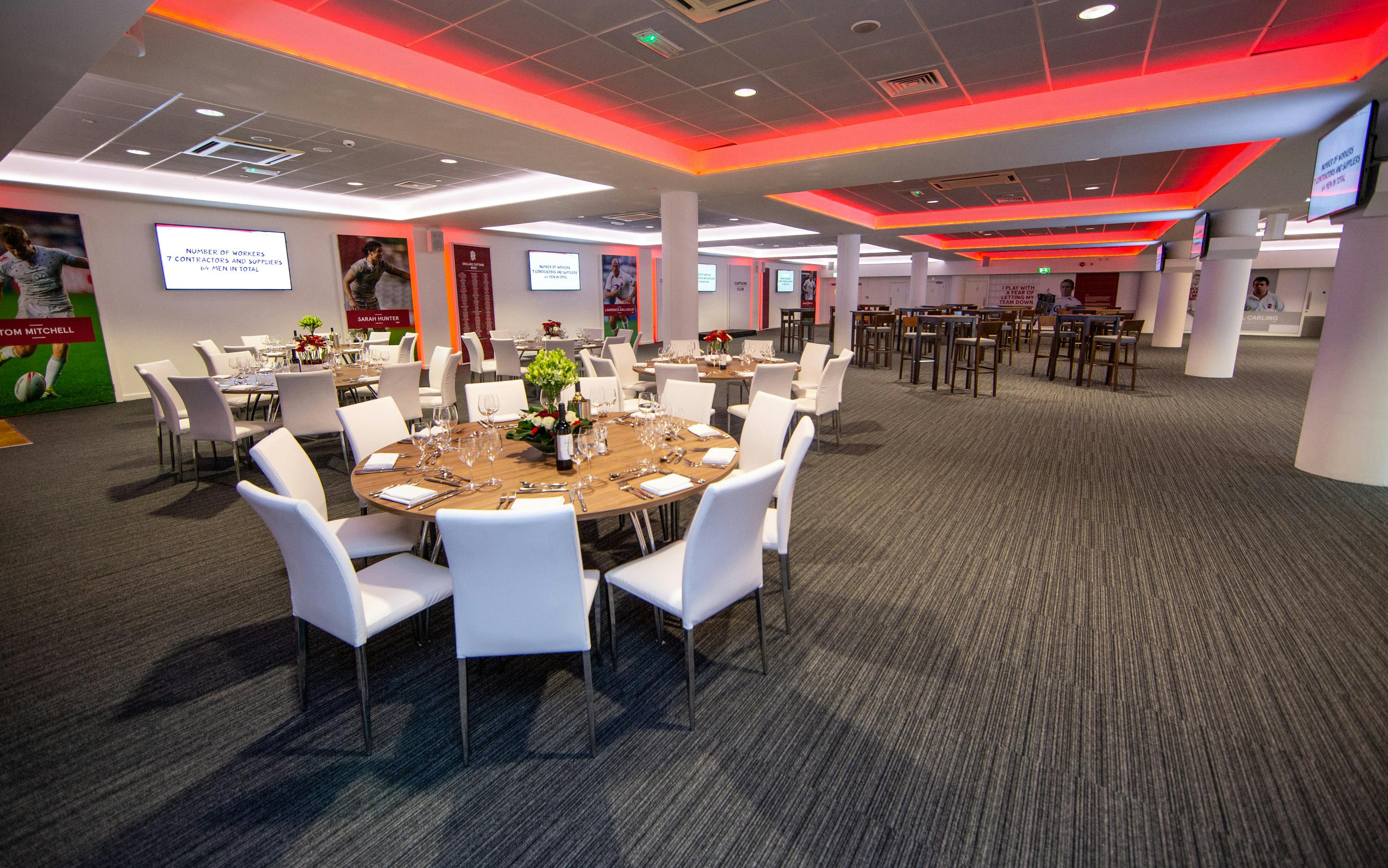 Modern event space at Allianz Stadium, Twickenham with elegant seating for corporate gatherings.