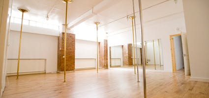 Spacious Old Street Studio 2 with wooden floors, ideal for fitness classes and workshops.