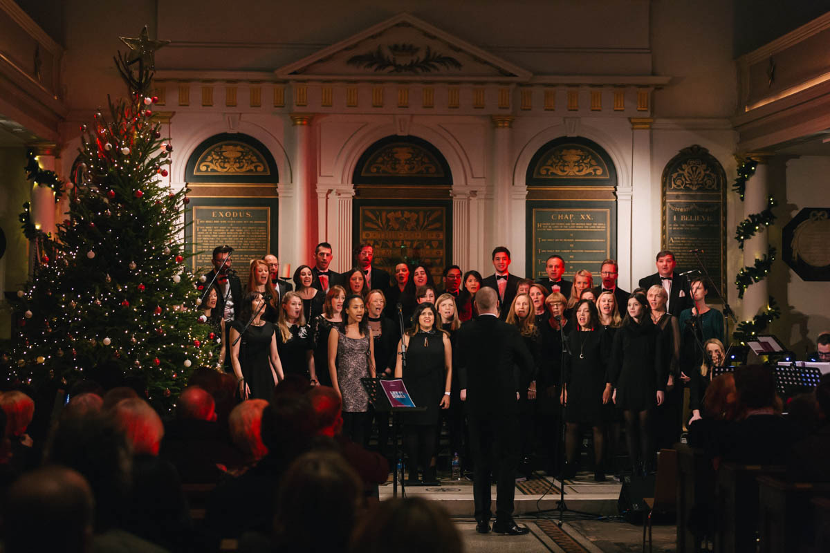 Vibrant choir performance at The Church in The Crypt, perfect for holiday events.