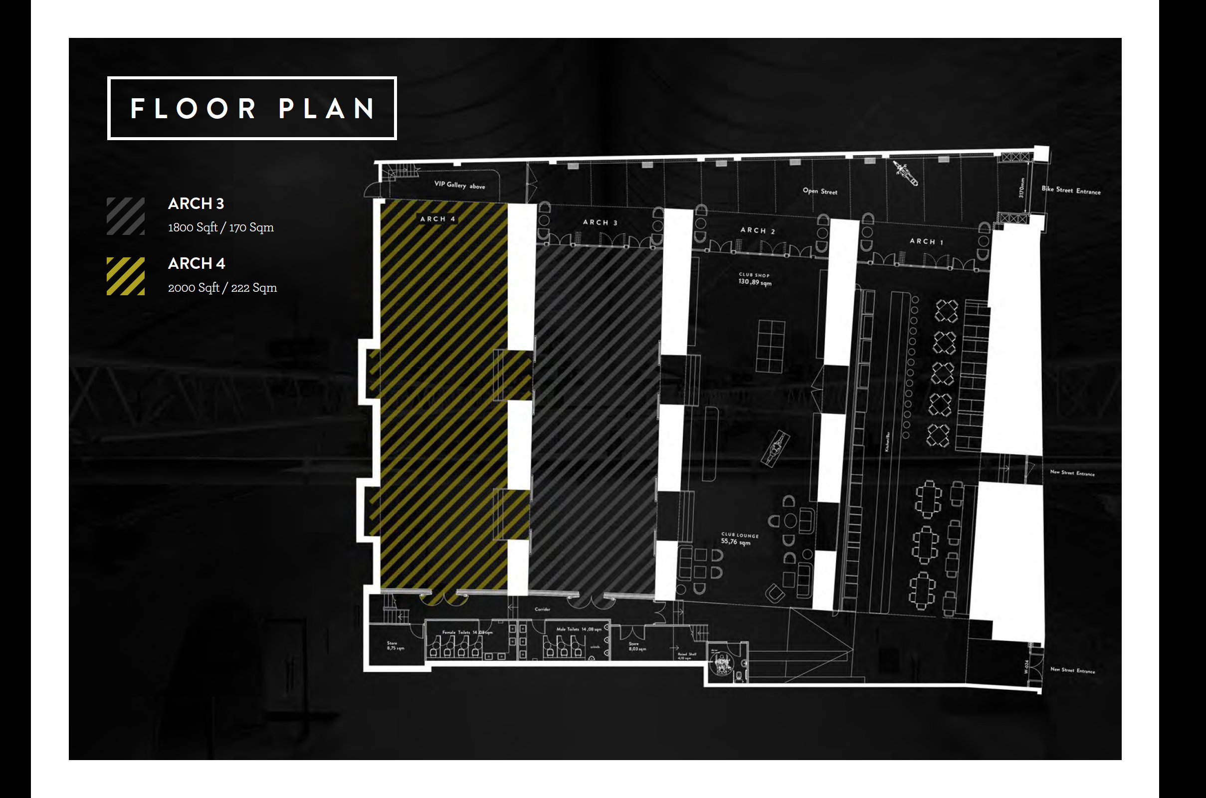 Event space floor plan of Arch 3 with breakout areas for networking and activities.