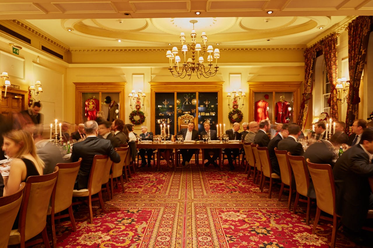 Elegant dining room at Watermen's Hall for corporate gala or formal dinner.