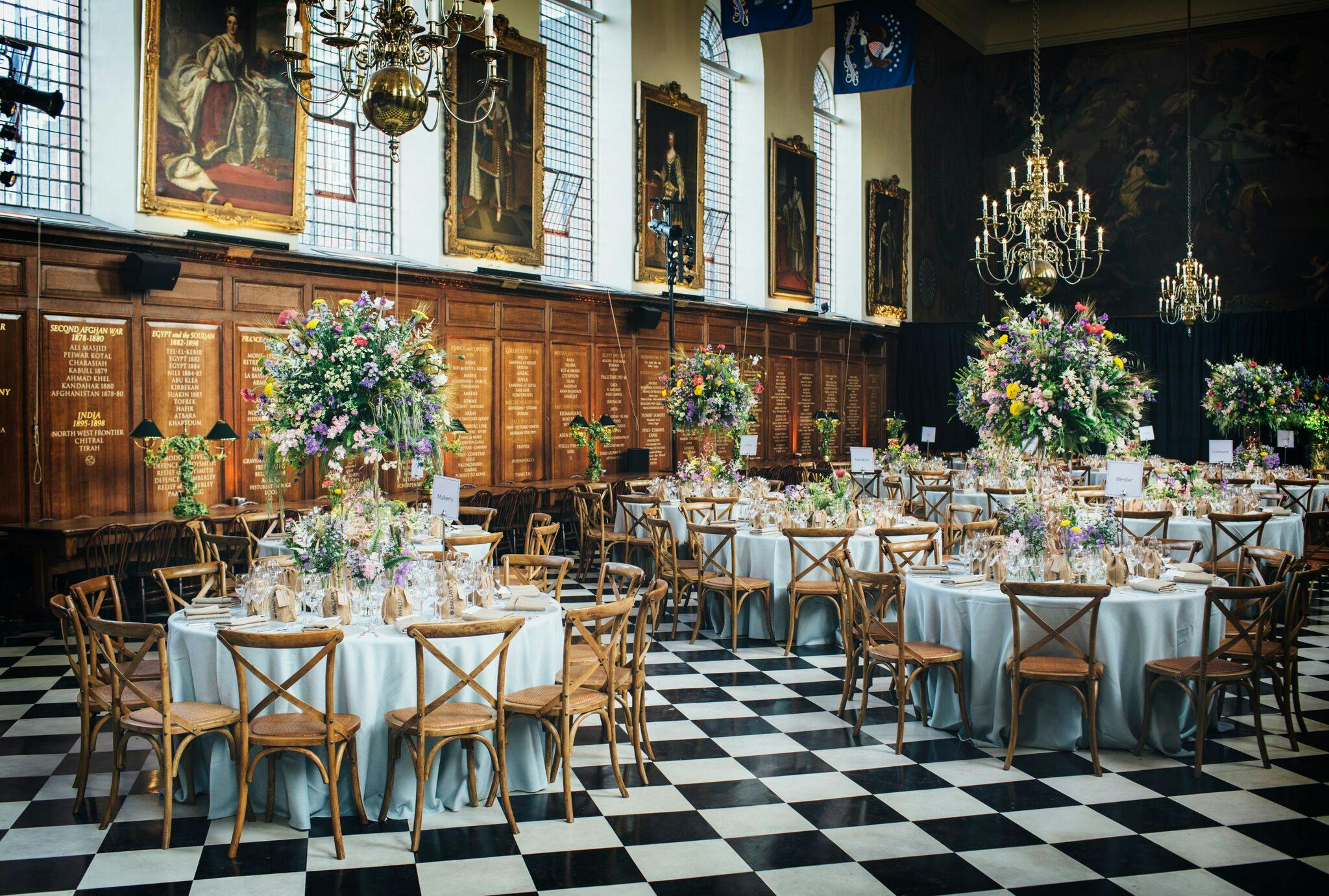 Great Hall at Royal Hospital Chelsea, elegant banquet with blue linens, perfect for weddings.