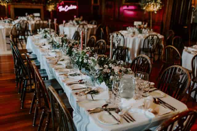 Elegant dining table in The Long Room, perfect for weddings and formal events.