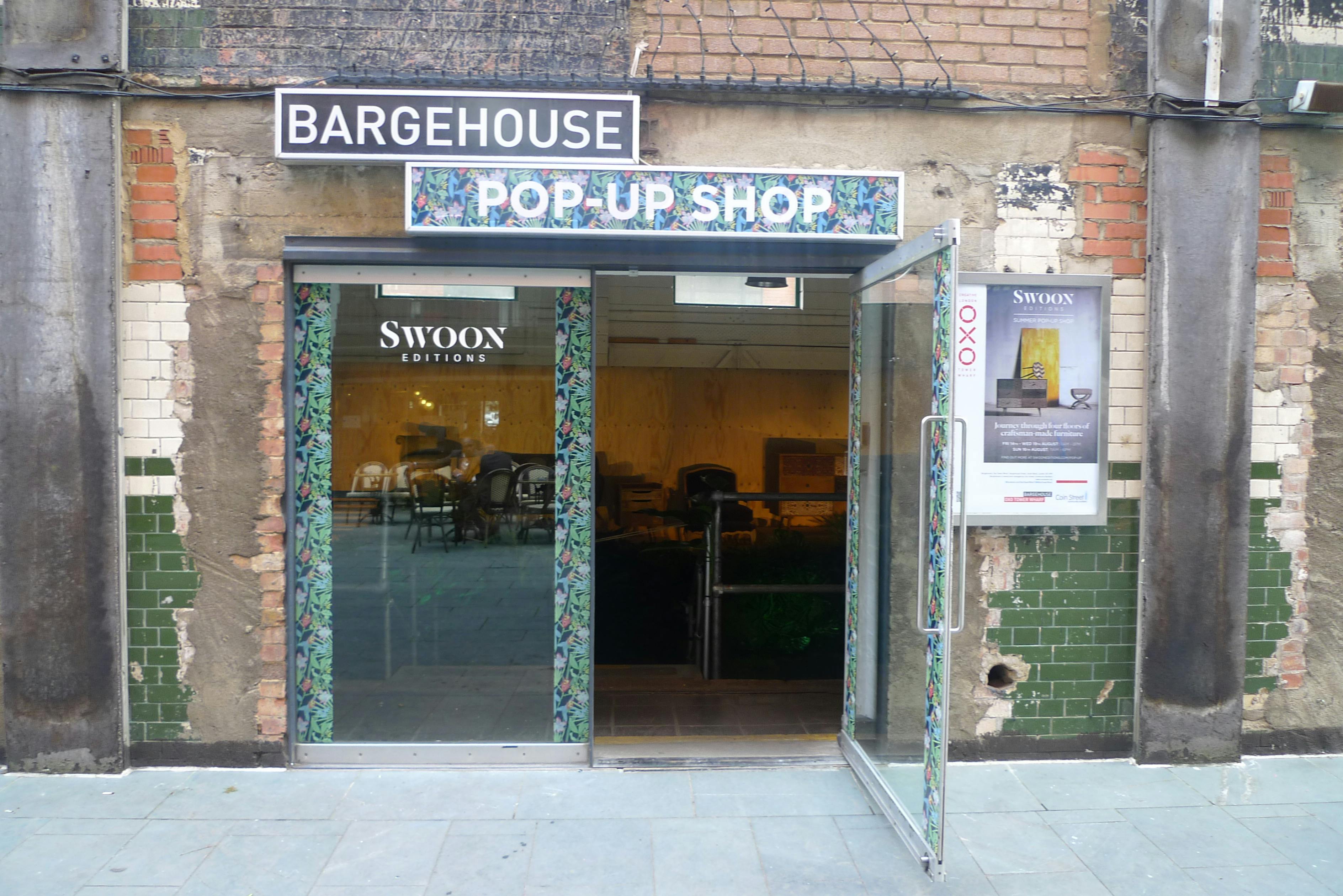 Vibrant pop-up shop entrance at OXO Tower, ideal for events and workshops.
