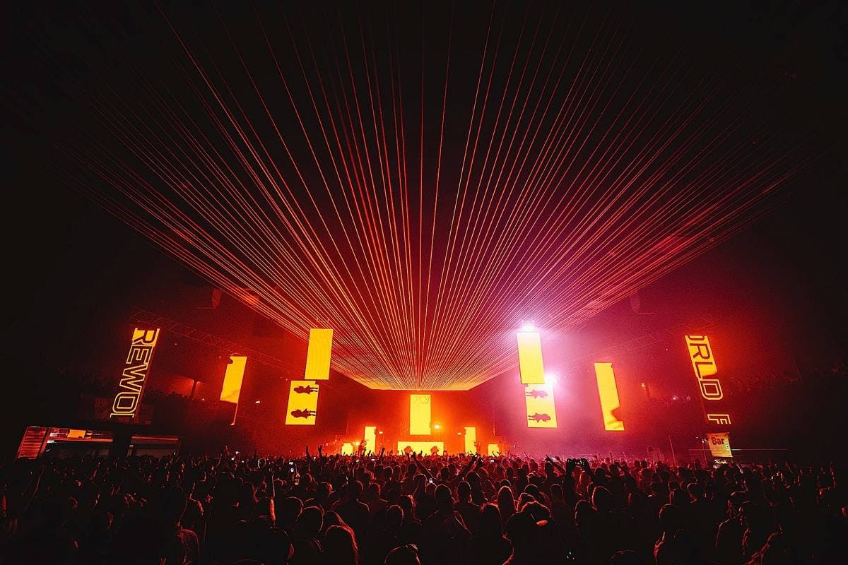 Vibrant Showering Pavilion at Bath & West Showground with dynamic laser displays.