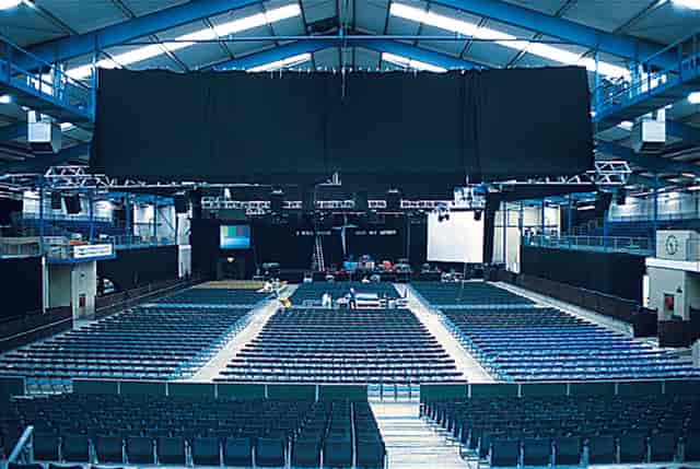 Showering Pavilion at Bath & West Showground, tiered seating for events and performances.