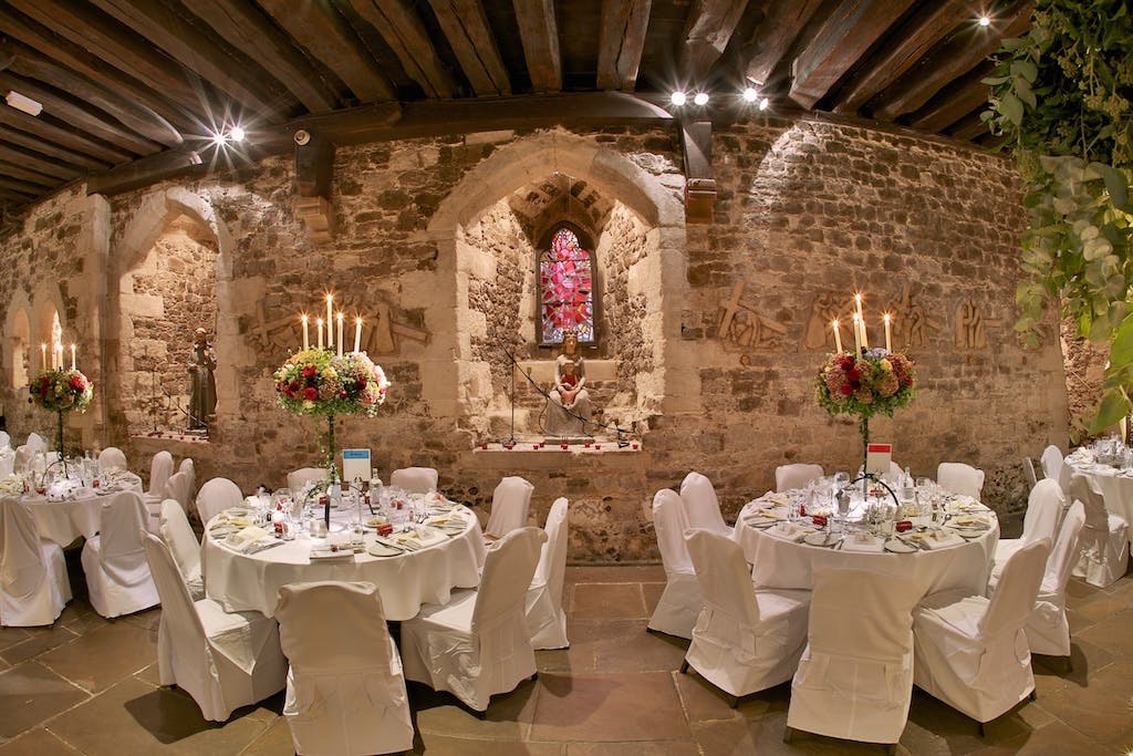 Elegant dining area in The Crypt, perfect for weddings and formal dinners.