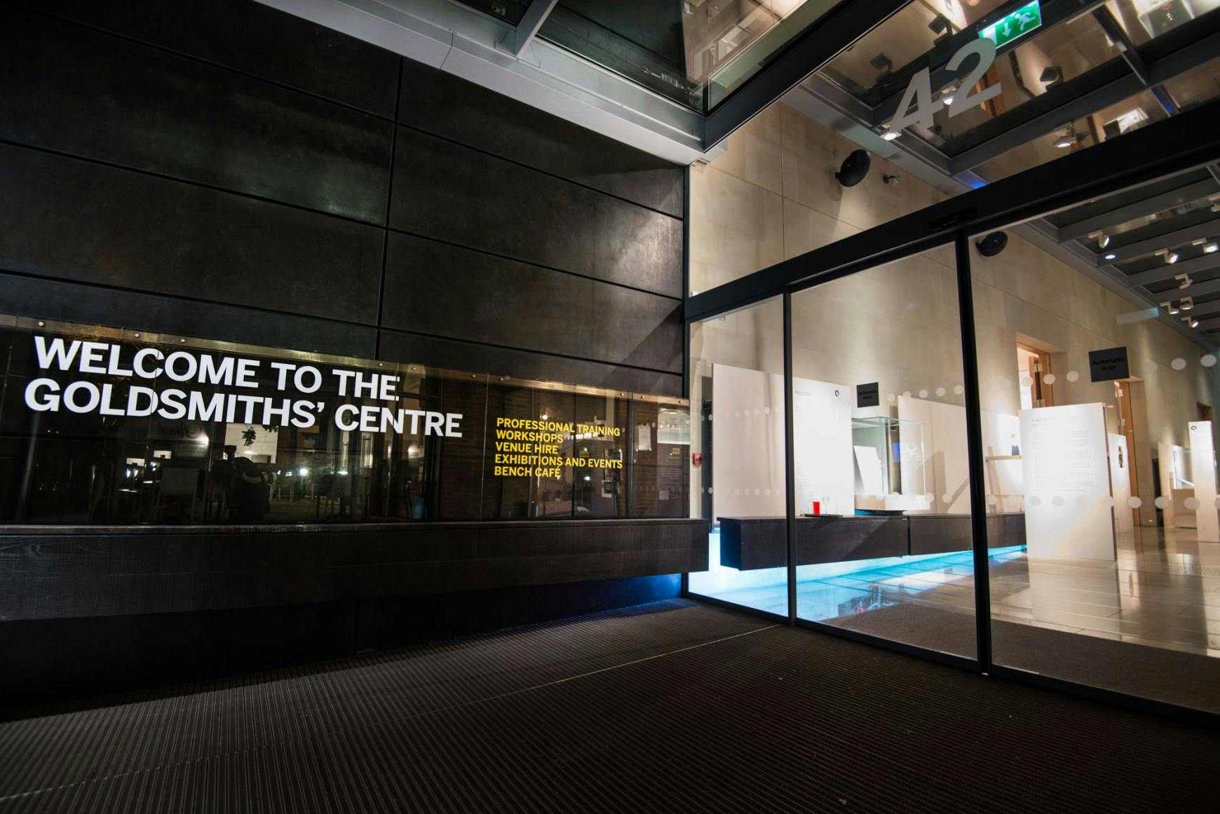 Modern entrance of The Goldsmiths' Centre, ideal for upscale events and meetings.