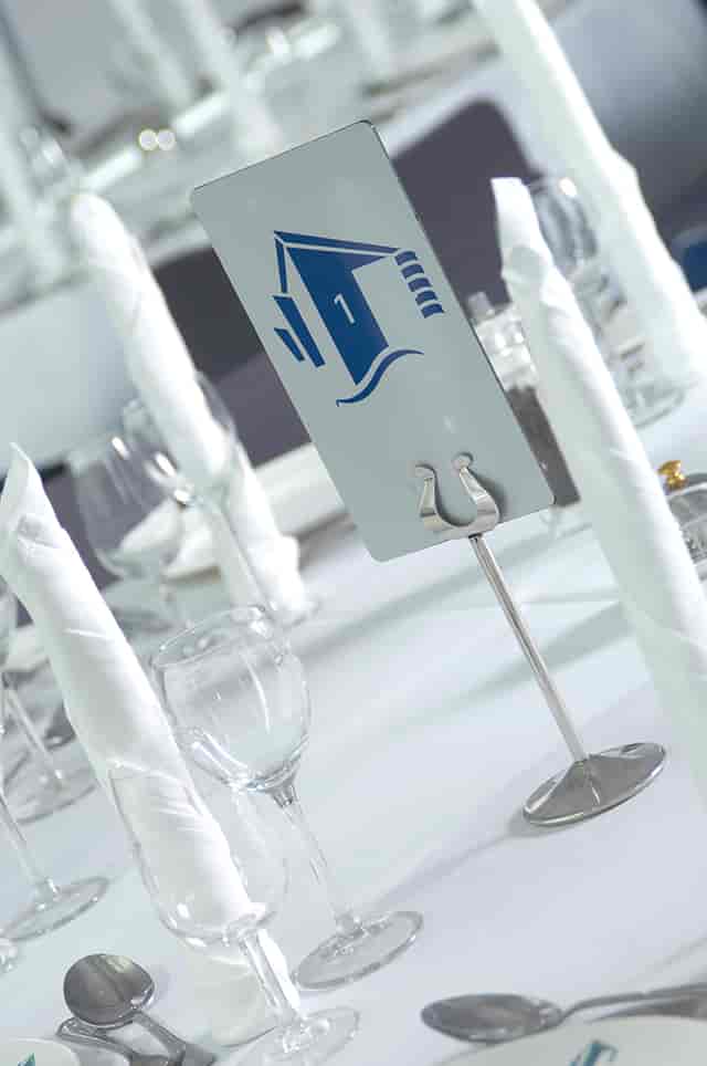 Barbirolli Room dining setup with elegant glassware for corporate events and formal gatherings.