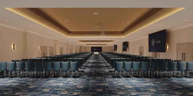 Modern hotel ballroom, theater-style, conference, product launch