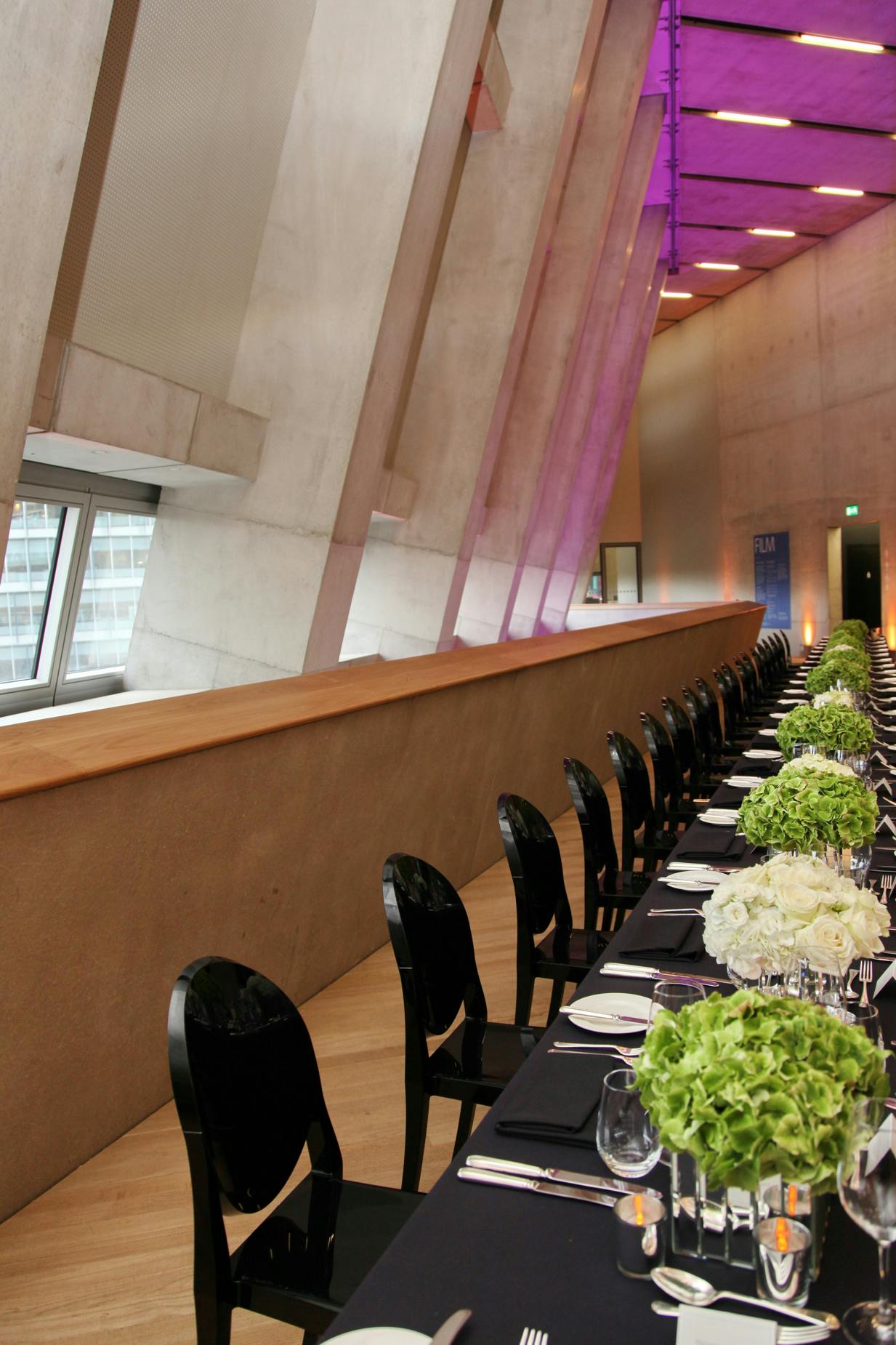 Blavatnik Building event space with elegant table and floral centerpieces, perfect for corporate meetings.