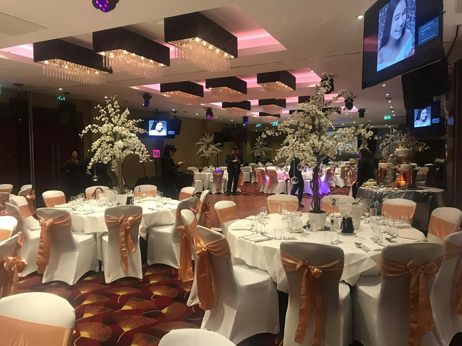 Balmoral Suite at Holiday Inn Kensington, elegant event space with round tables and floral decor.