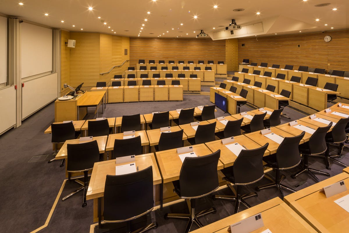 Edmond Safra Lecture Theatre with tiered seating for workshops and seminars at Oxford.