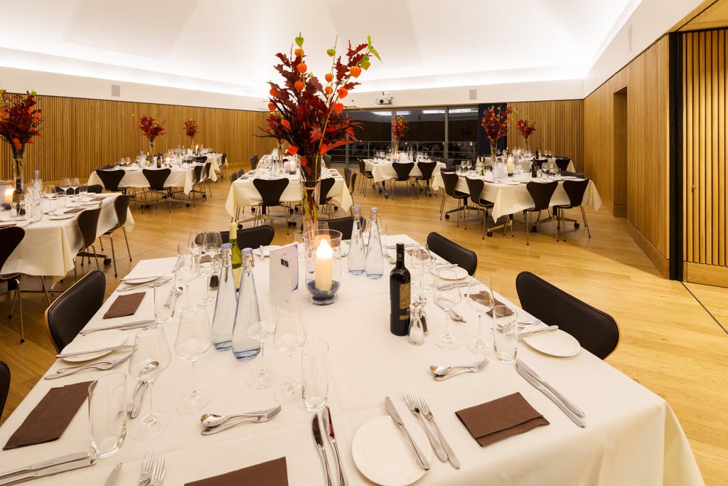 Pyramid Dining Room at Saïd Business School, elegant setup for corporate events and celebrations.