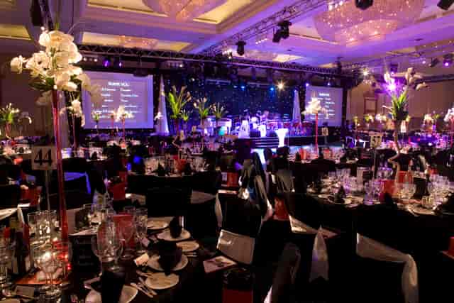 Grand Ballroom at London Hilton, elegant banquet setup for gala or corporate events.