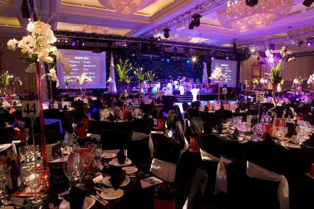 Grand Ballroom at London Hilton, elegant banquet setup for gala or corporate events.