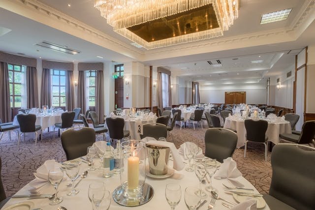 Ballroom at Hilton Puckrup Hall, Tewkesbury, set for elegant weddings and corporate events.