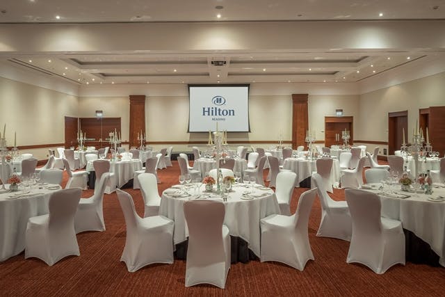 Windsor Suite banquet hall at Hilton Reading, elegant setup for conferences and weddings.