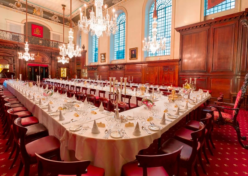 Elegant banquet hall at Vintners' Hall, perfect for corporate dinners and gala events.