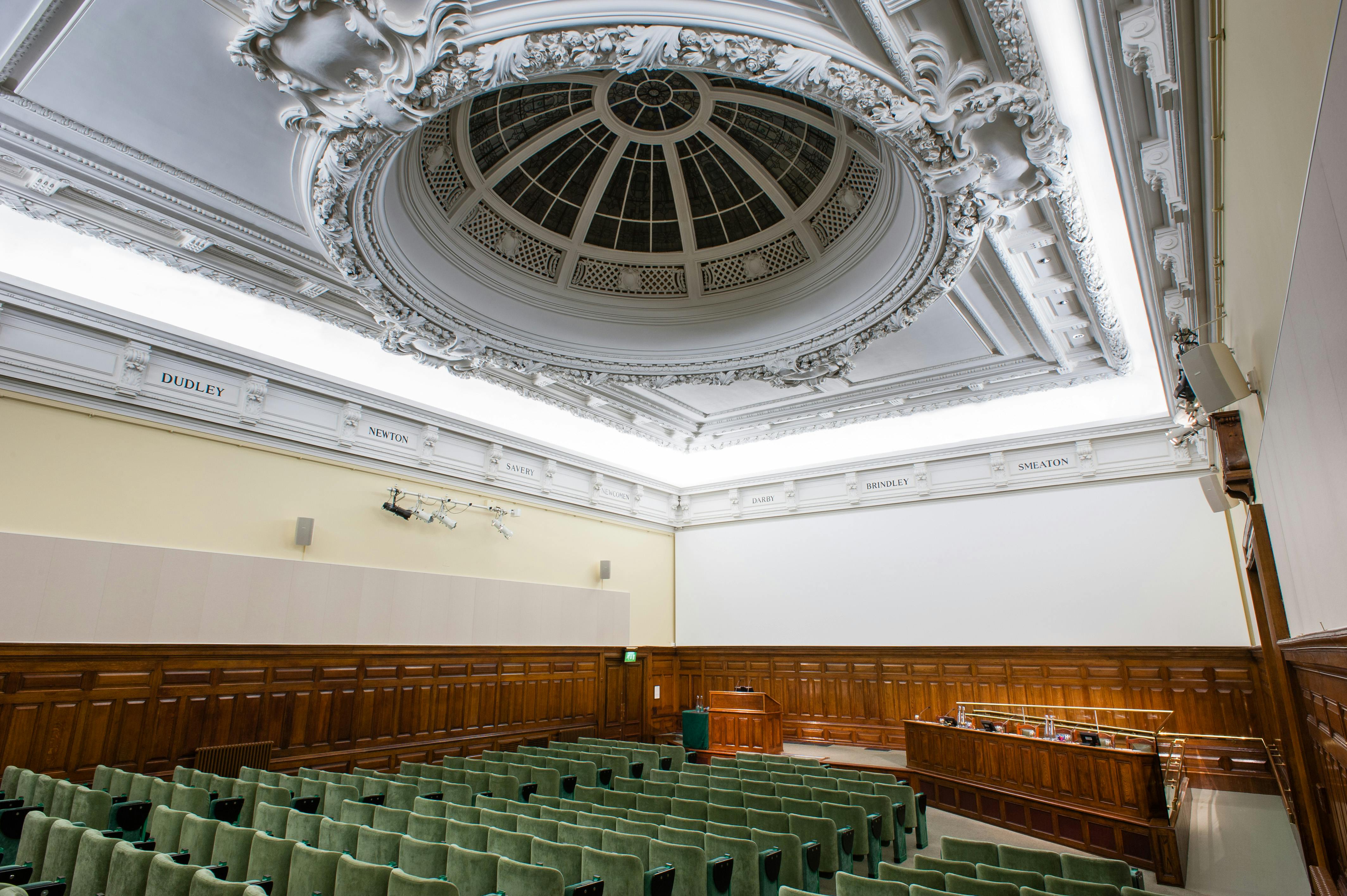 Telford Theatre conference room with ornate ceiling, ideal for corporate events and lectures.